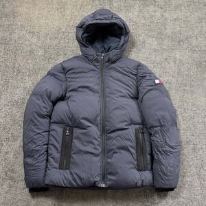 Tommy Hilfiger Goose Down Puffer Jacket Mens S Navy Blue Hooded Full Zip Coat